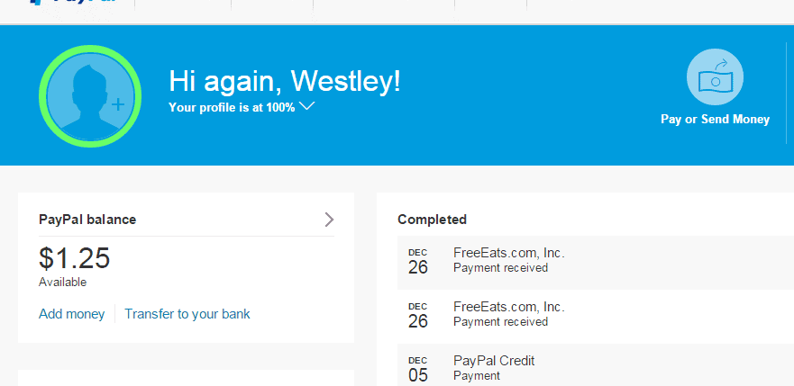 This shows the activity from today hitting my PayPal from FreeEats.com. Sweet!
