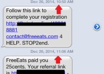 The red arrows show the times that I received these messages from FreeEats.com The red arrows show the times that I received these messages from FreeEats.com